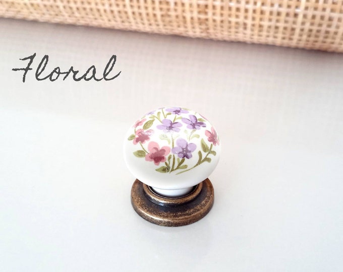 Floral Knobs 32mm, Porcelain Vintage Style Floral Knobs, White Drawer Knobs, Dresser Knobs, Nursery Knobs, Farmhouse Knobs and Pulls