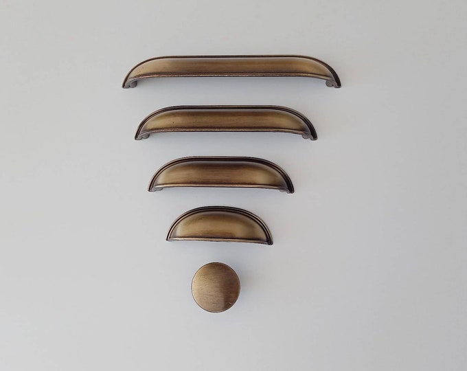 Cup Pulls 2.5" 3.75" 5" 6.3" Antique Brass Drawer Pulls, Antique Bronze Cup Handles, Farmhouse Knobs and Pulls, Cabinet Hardware