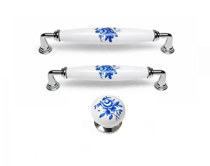 Blue Floral Porcelain Drawer Pulls: Antique Bronze Chrome Farmhouse Decor