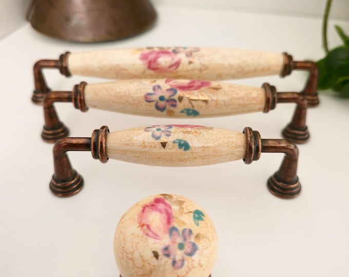Vintage Drawer Pulls: Antique Copper Floral Dresser Hardware