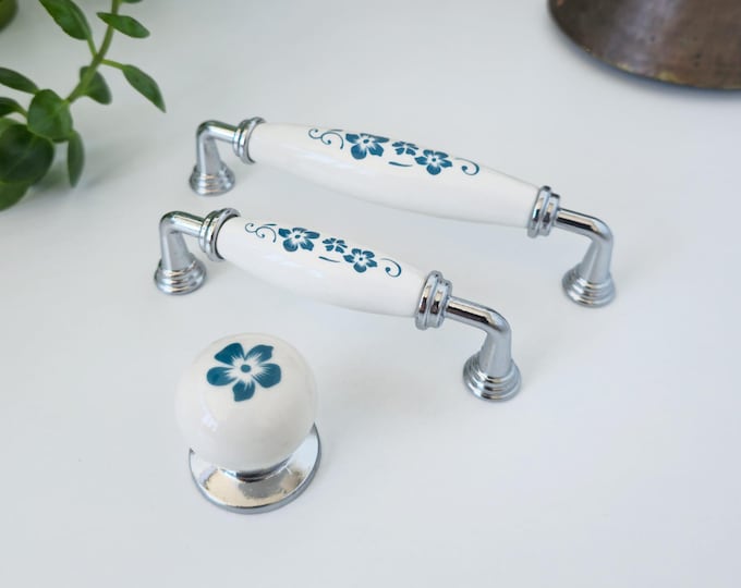 Floral Porcelain Knobs and Pulls: Chrome Farmhouse Cabinet Handles Black Copper Silver Bronze Options