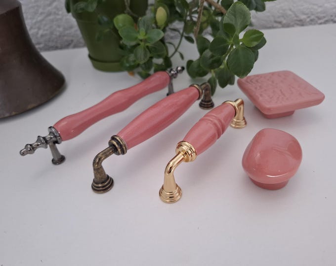 Vintage Pink Porcelain Pull and Knob with Antique Bronze Copper Black Chrome Silver Finish