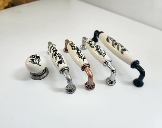 Farmhouse Olive Knobs and Pulls in Chrome Copper Black Silver Finish, Porcelain Drawer Pulls, Cabinet Handles, Kitchen Hardware 3.75" 5"