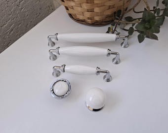 White Porcelain Knobs and Pulls: Chrome Furniture Hardware