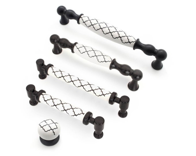 Black and White Cabinet Pulls 3.78 5 6.3" Porcelain Knobs and Pulls, Farmhouse Knobs and Pulls, Porcelain Drawer Pulls, Cabinet Hardware