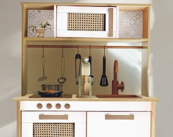 Wood Handles for Duktig Play Kitchen Makeover, Beech Wood Handles for Ikea Play Kitchen, Rattan Cane Webbing for Duktig Oven and Microwave