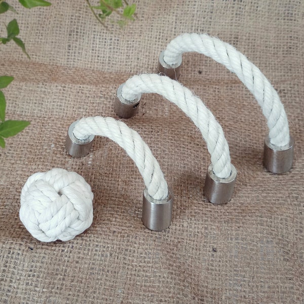 Touwlade trekt Ecru Jute touwgrepen, Ecru witte geknoopte knop, katoenen knop, nikkel touw trekt, messing touw trekt, antieke bronzen trekt