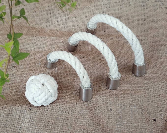 Rope Drawer Pulls Ecru Jute Rope Handles, Ecru White Knotted Knob, Cotton Knob, Nickel Rope Pulls, Brass Rope Pulls, Antique Bronze Pulls