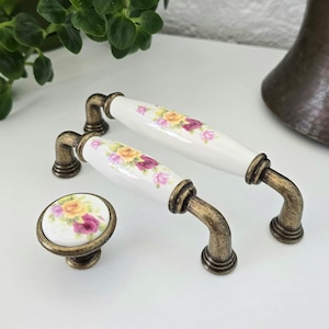 Floral Porcelain Handle and Knob: Vintage Style Dresser Drawer Pull