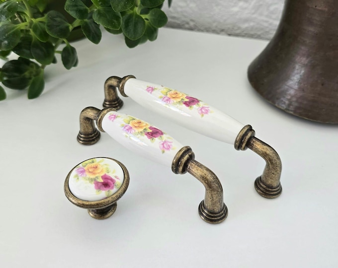 Floral Porcelain Handle and Knob: Vintage Style Dresser Drawer Pull