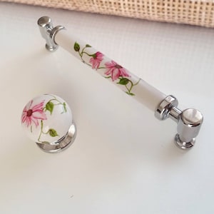 Floral Knobs and Pulls 2.5&quot; 3.78&quot; 5&quot; Pink Floral Matching Porcelain Drawer Pulls Cupboard Pulls Cabinet Pulls Dresser Pulls Farmhouse Decor