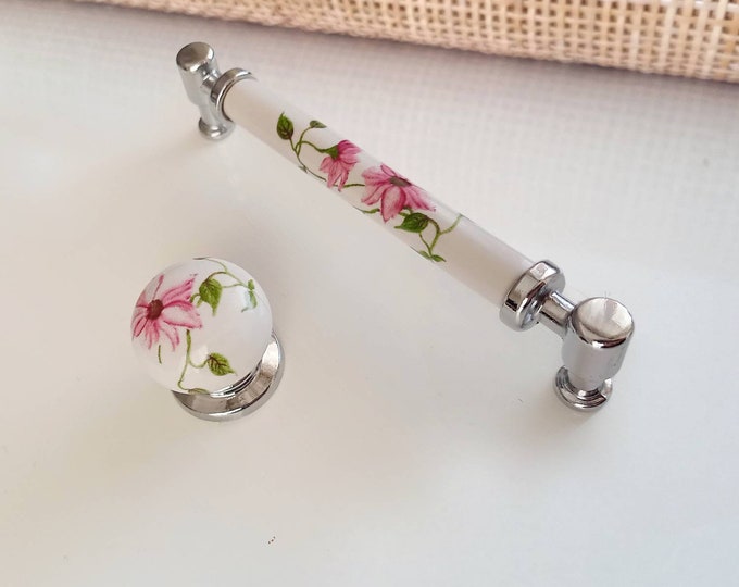 Floral Knobs and Pulls 2.5" 3.78" 5" Pink Floral Matching Porcelain Drawer Pulls Cupboard Pulls Cabinet Pulls Dresser Pulls Farmhouse Decor