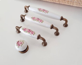 Vintage Floral Porcelain Knobs and Pulls: Beige Crackle, Antique Bronze