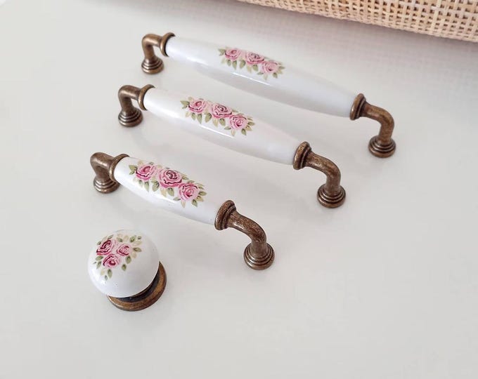 Vintage Floral Porcelain Knobs and Pulls: Beige Crackle, Antique Bronze