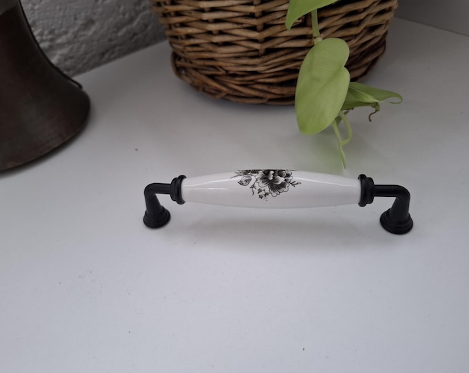 Black Floral Porcelain Pull and Knob: Farmhouse Dresser Drawer Pull