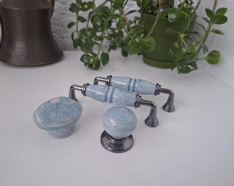 Antique Silver Blue Porcelain Drawer Pulls: Farmhouse Kitchen Cabinet Hardware