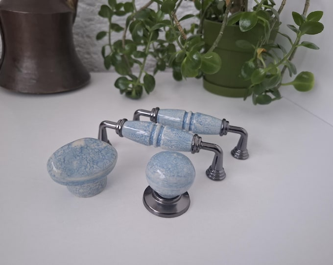 Antique Silver Blue Porcelain Drawer Pulls: Farmhouse Kitchen Cabinet Hardware