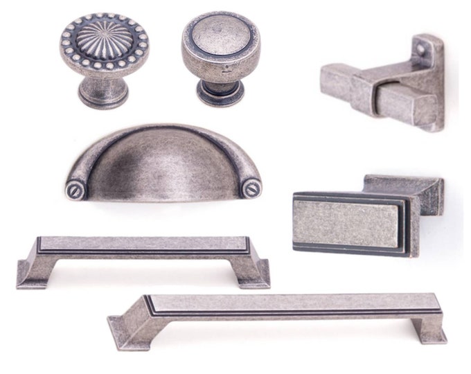 Pewter Knobs Pulls, Cabinet Pull Handles, Cabinet Knobs Pulls, Drawer Pulls, Farmhouse Knobs and Pulls, Antique Silver Cabinet Hardware