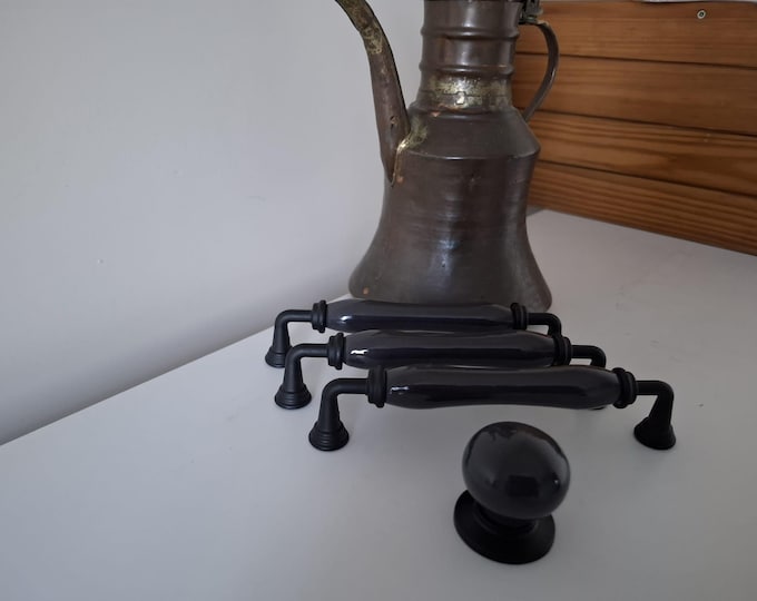 Porcelain Anthracite Drawer Pulls: Farmhouse Dark Gray Dresser Knobs, Antique Bronze Black Finish