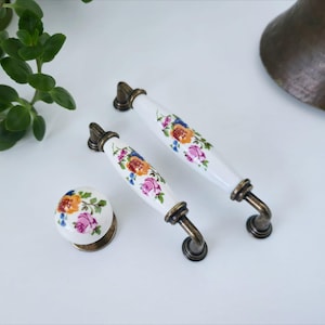 Floral Porcelain Cabinet Knob or Pull: Antique Bronze, Vintage Style