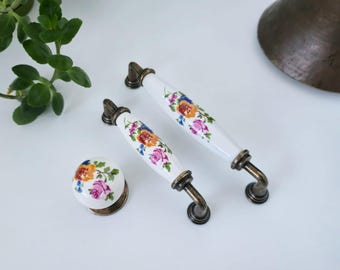 Floral Porcelain Cabinet Knob or Pull: Antique Bronze, Vintage Style