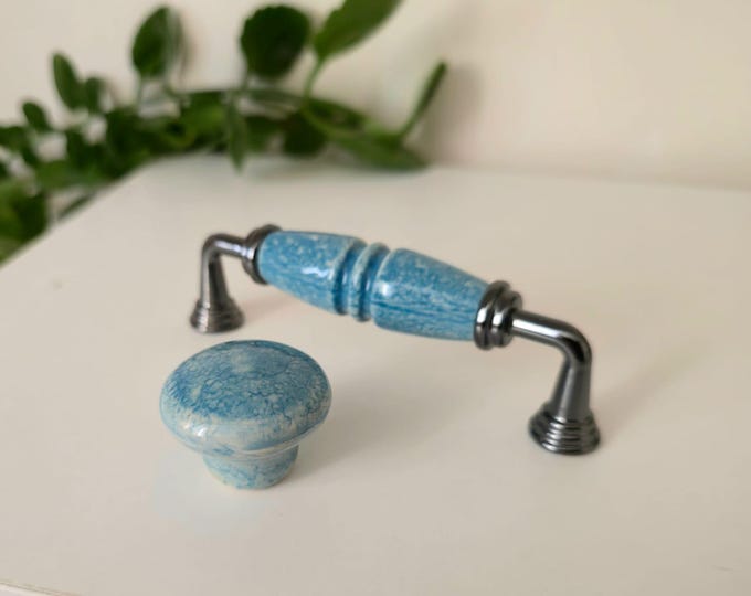Antique Silver Blue Porcelain Drawer Pulls: Farmhouse Kitchen Cabinet Hardware