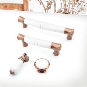White Drawer Pulls 3.75&quot; 5&quot; White Porcelain and Antique Copper Cabinet Knobs and Pulls, Farmhouse Knobs and Pulls