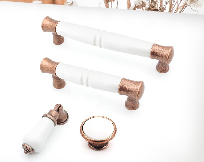 White Drawer Pulls 3.75" 5" White Porcelain and Antique Copper Cabinet Knobs and Pulls, Farmhouse Knobs and Pulls