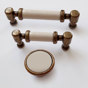 White Porcelain Pulls 2.5&quot; 3.75&quot; 5&quot; Matching Cabinet Knobs and Pulls, Cream Pulls, Farmhouse Knobs and Pulls, Antique Bronze Knobs and Pulls