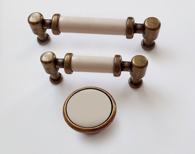 White Porcelain Pulls 2.5" 3.75" 5" Matching Cabinet Knobs and Pulls, Cream Pulls, Farmhouse Knobs and Pulls, Antique Bronze Knobs and Pulls