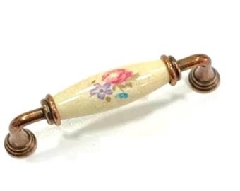 Vintage Floral Porcelain Knob: Antique Copper Dresser Hardware