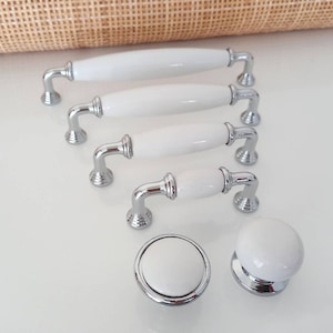White Knobs and Pulls 2.5&quot; 3.78&quot; 5&quot; 6.3&quot; Chrome and White Porcelain Knobs and Pulls Matching Knobs and pulls Modern Furniture Hardware