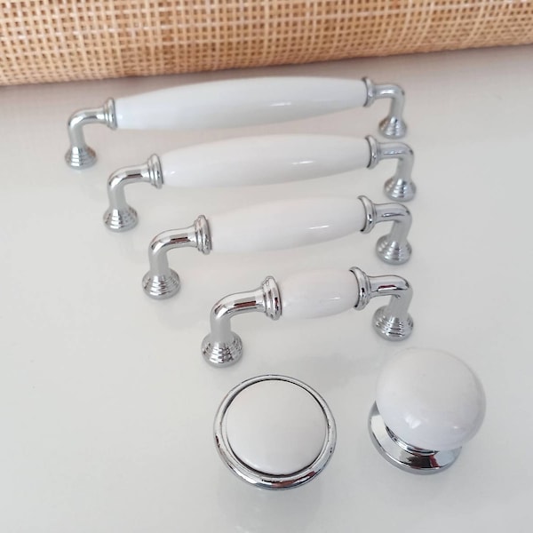 White Knobs and Pulls 2.5" 3.78" 5" 6.3" Chrome and White Porcelain Knobs and Pulls Matching Knobs and pulls Modern Furniture Hardware