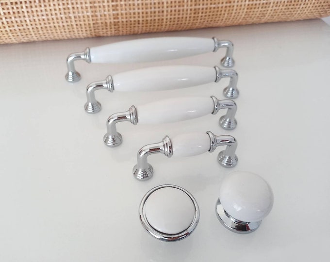 White Knobs and Pulls 2.5" 3.78" 5" 6.3" Chrome and White Porcelain Knobs and Pulls Matching Knobs and pulls Modern Furniture Hardware