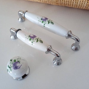 Chrome Floral Porcelain Knobs and Pulls, Floral Drawer Knobs and Pulls, Chrome Cabinet Hardware, Farmhouse Knobs and Pulls