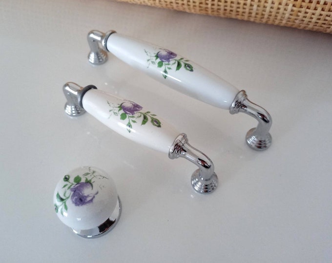 Chrome Floral Porcelain Knobs and Pulls, Floral Drawer Knobs and Pulls, Chrome Cabinet Hardware, Farmhouse Knobs and Pulls