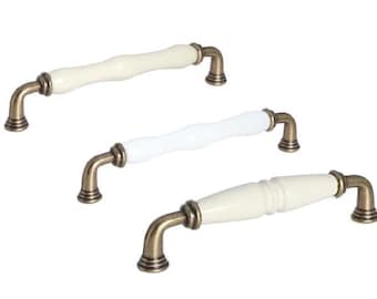 Cream and White Porcelain Cabinet Pulls: Antique Bronze Farmhouse Knobs Chrome Black Handles