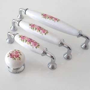 Chrome Floral Knoppen en Pulls 96 128 160mm Porseleinen Lade Knoppen en Trekken, Boerderij Knoppen en Trekken, Bijpassende Kast Handgrepen