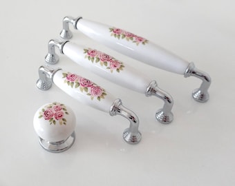 Chrome Floral Knobs and Pulls 96 128 160mm Porcelain Drawer Knobs and Pulls, Farmhouse Knobs and Pulls, Matching Cabinet Handles