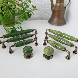 Green Porcelain Handle and Knob: Vintage Green Pull in Antique Bronze