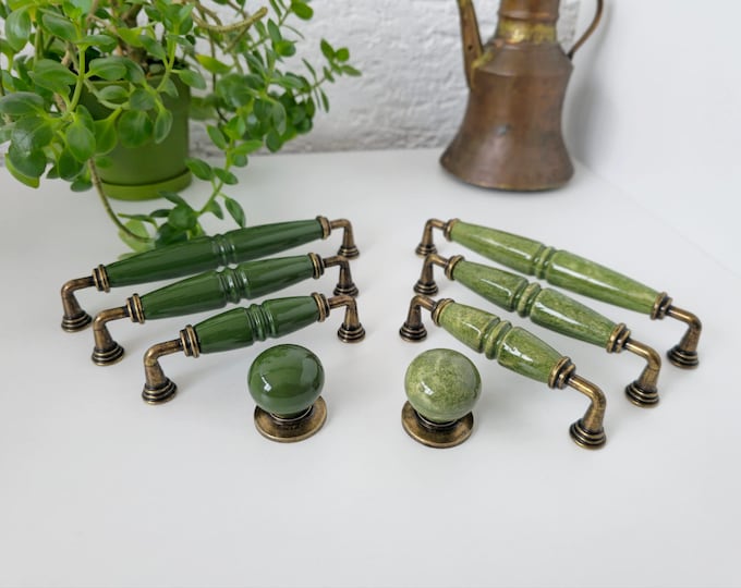 Green Porcelain Handle and Knob: Vintage Green Pull in Antique Bronze