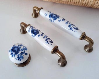 Blue Floral Porcelain Cabinet Knob or Pull: Vintage Farmhouse Style