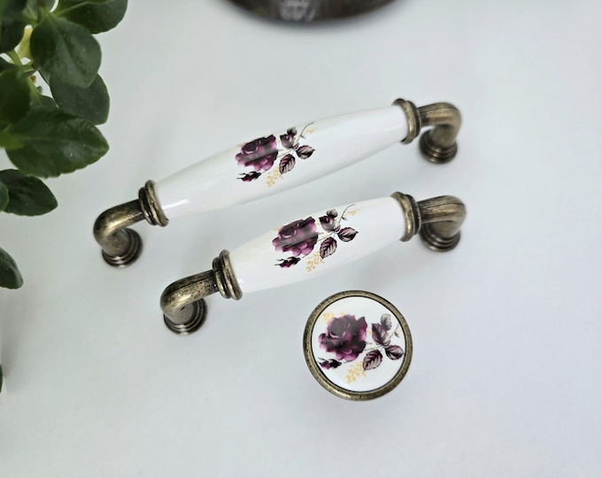 Damson Floral Porcelain Pull: Vintage Pulls and Knobs
