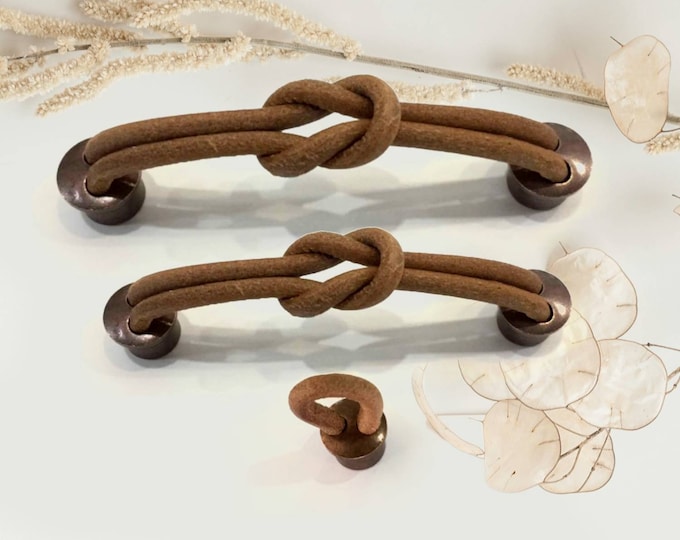 Leather Pulls 96 128mm 3" 3.75" 5" Vegan Leather Pulls Handles Drawer Dresser Pulls Knotted Faux Leather Boho Drawer Pulls Copper Hardware