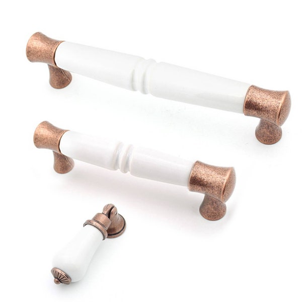 White Drawer Pulls 3.75" 5" White Porcelain and Antique Copper Cabinet Knobs and Pulls, Farmhouse Knobs and Pulls