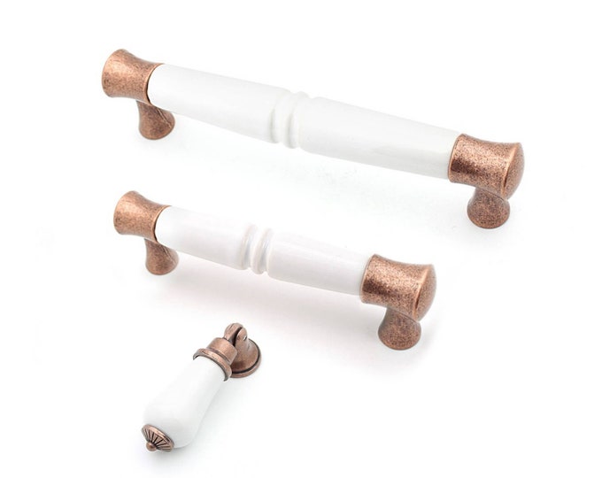 White Drawer Pulls 3.75" 5" White Porcelain and Antique Copper Cabinet Knobs and Pulls, Farmhouse Knobs and Pulls