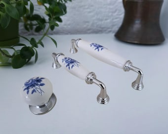 Blue Floral Porcelain Drawer Pulls: Antique Bronze Chrome Farmhouse Decor