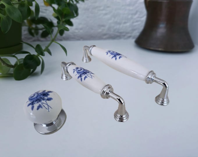 Blue Floral Porcelain Drawer Pulls: Antique Bronze Chrome Farmhouse Decor