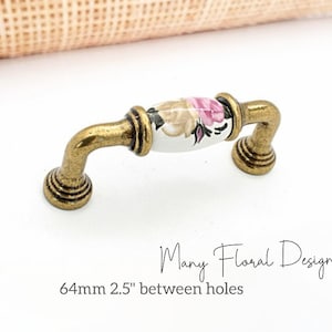 Floral Porcelain Drawer Pull: Vintage Farmhouse Cabinet Handle (2.5&quot; 64mm)