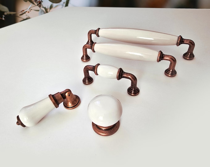 White Drawer Pulls, 2.5" 3.75" 5" 6.3" White Porcelain and Antique Copper Cabinet Knobs and Pulls, Farmhouse Knobs and Pulls